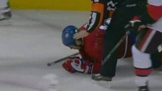 Travis Moen Gets Cut By A Skate In The Face (March 22 2010)