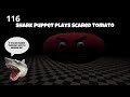 Sb movie shark puppet plays scared tomato