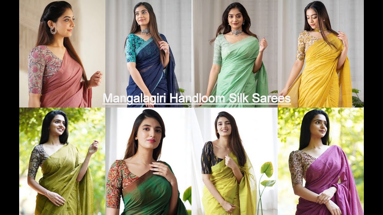 Mangalagiri Plain Silk Sarees With Kalamkari Blouse - YouTube