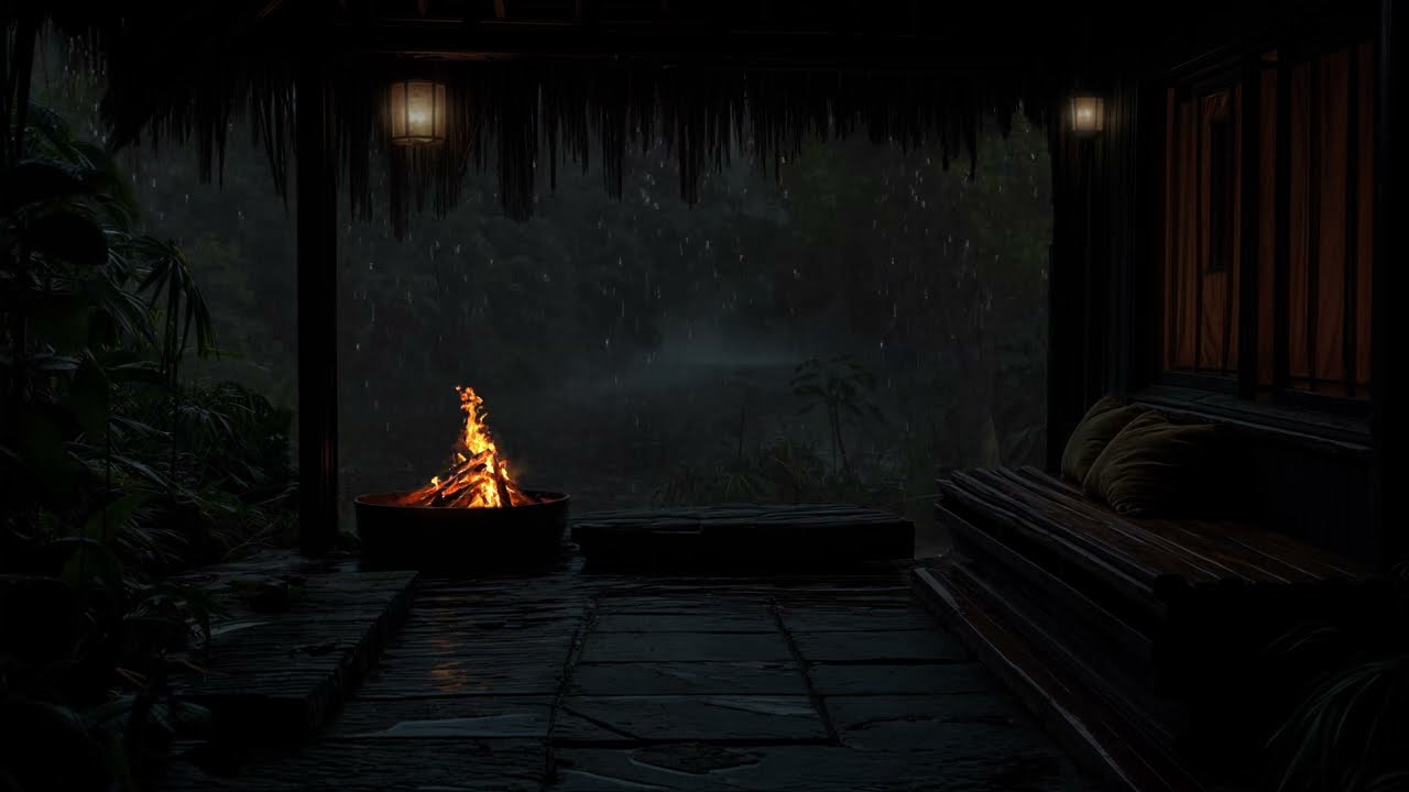 Cozy Porch in the Rain 🌙 Fireplace & Candlelight Ambience for Deep Relaxation