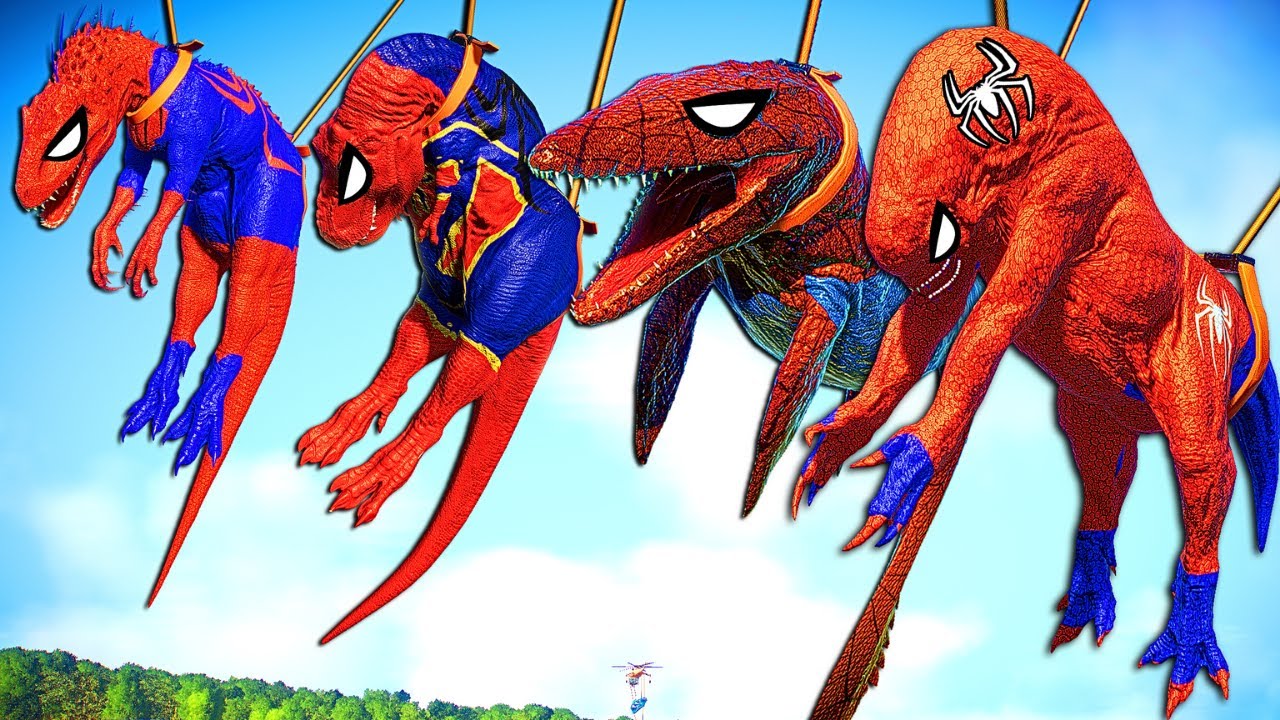 Spiderman Indominus vs Spiderman D-Rex vs ALL Color Dinosaurs Fighting in JWE 2