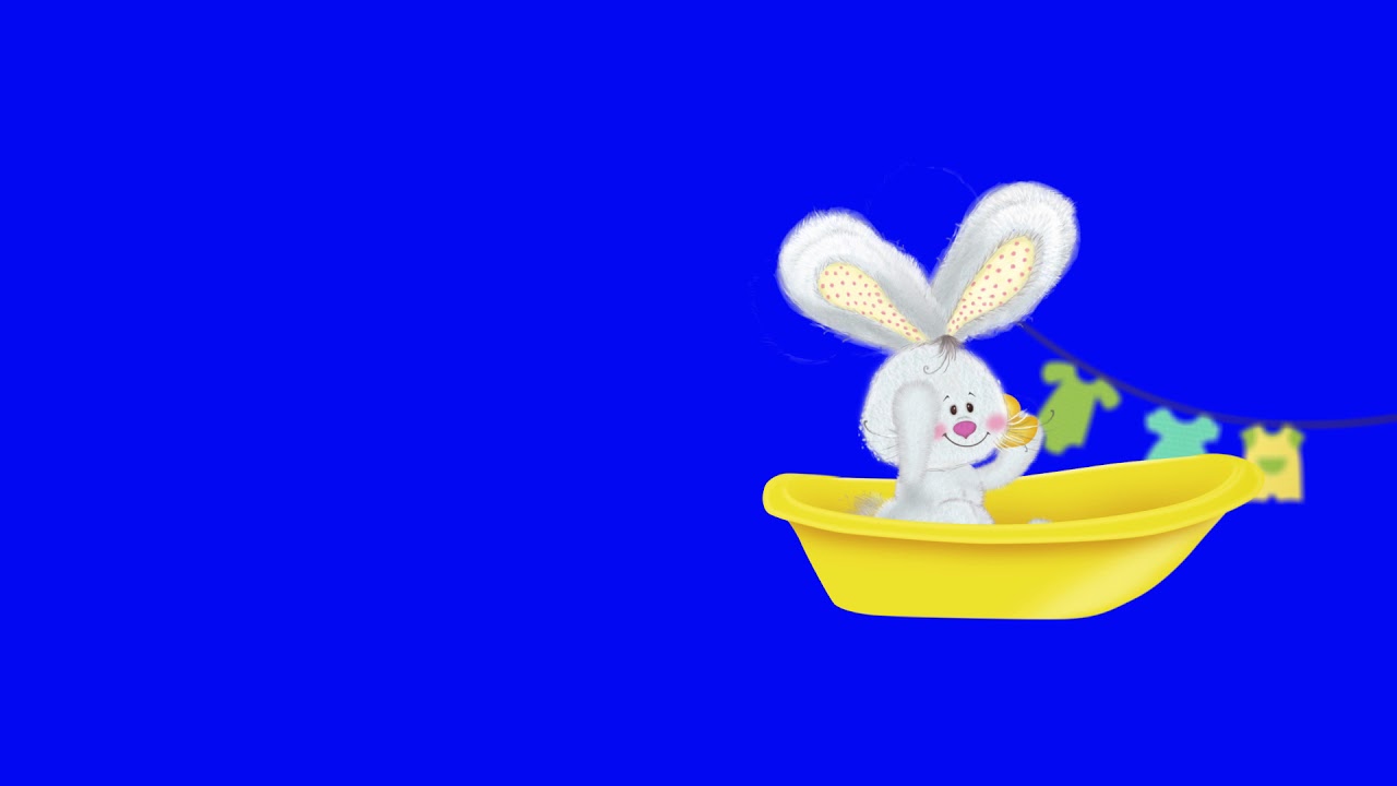 Animation on blue background. Cartoon Hare, bees. Green Screen