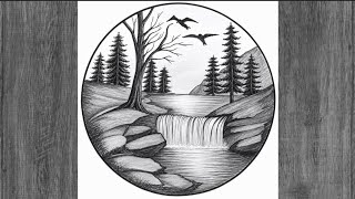 Easy circle scenery /Easy drawing ideas for beginners/ Beautiful waterfall nature drawing