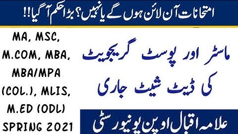Date Sheet issued for AIOU  MA, MSc, M.Com, MBA, MBA/MPA (Col.), MLIS, M.Ed (ODL) @AHA Assistance