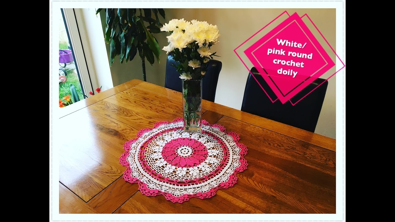How to crochet white:pink round doily Part 1 of 2
