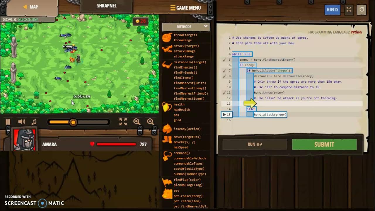 codecombat: backwoods forest - shrapnel solution - YouTube