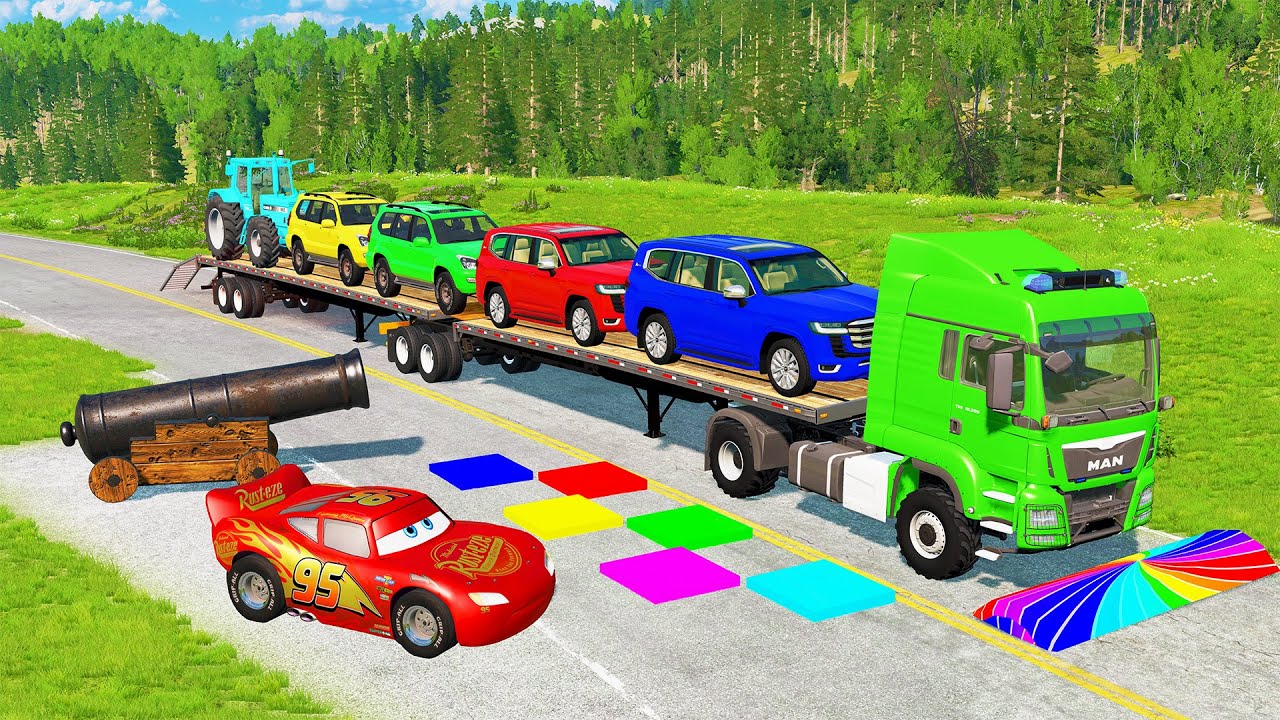 Flatbed Truck McQueen | Transportation with Truck - Pothole vs Car #53 | BeamNG.Drive Gameplay