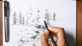 Quick Line Drawing with Sketch Pen: Mountain Stream Landscape | Step-by-Step Tutorial