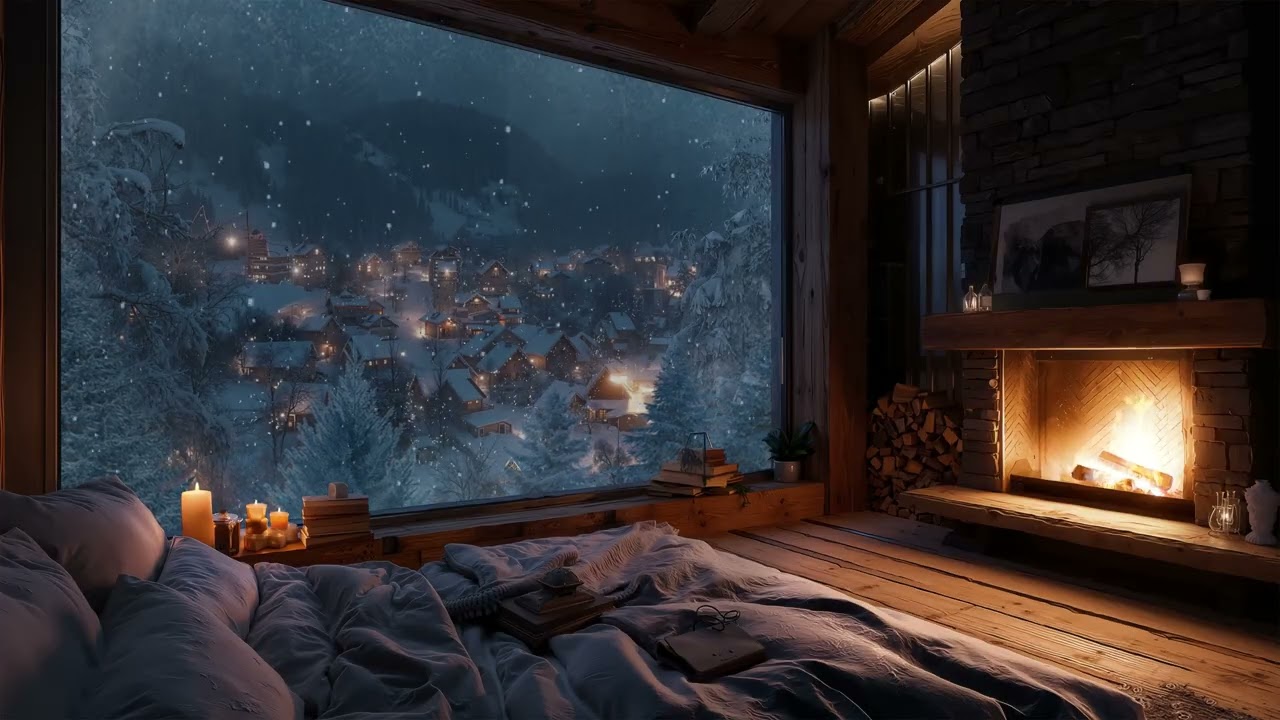 Snowy Night Cabin | Warm Fireplace Sounds for Deep Relaxation