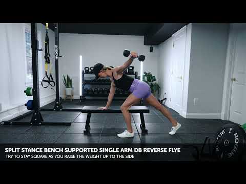 Split Stance Bench Supported Single Arm DB Reverse Flye