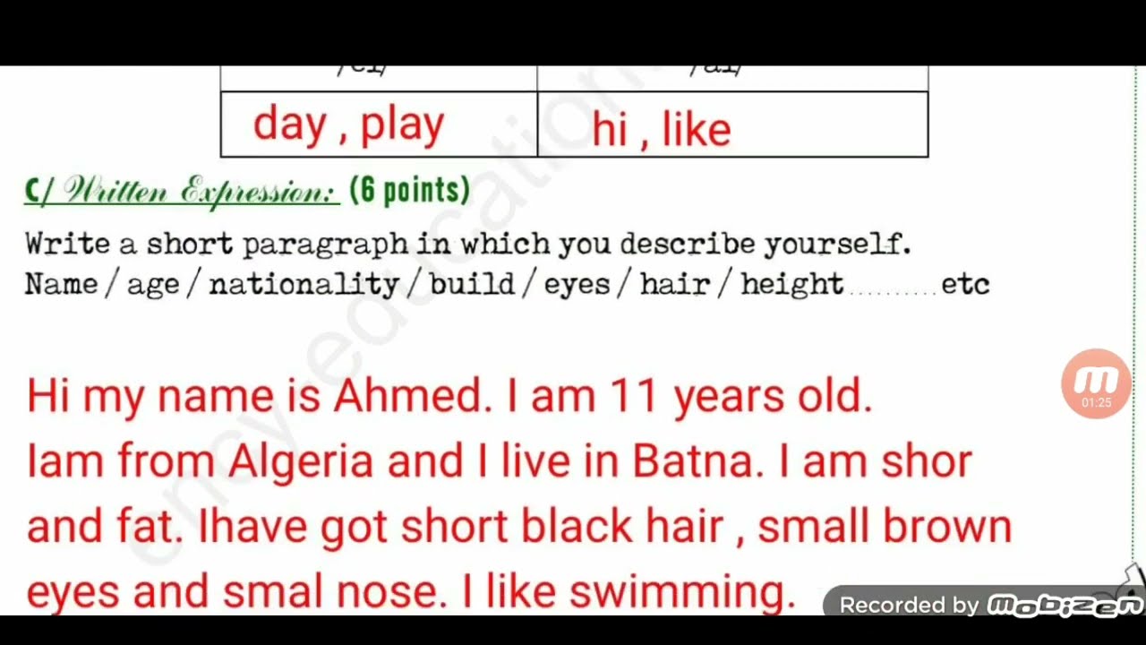 الفرض المقترح بقوة الفصل الاول للثانية متوسط في الانجليزية رقم2 مع حل وضعية حول describe myself