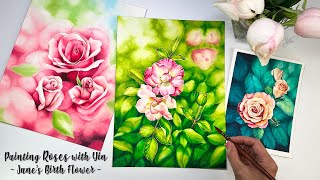 Painting Roses, June's Birth Flower, to celebrate the beginning of summer with watercolor!