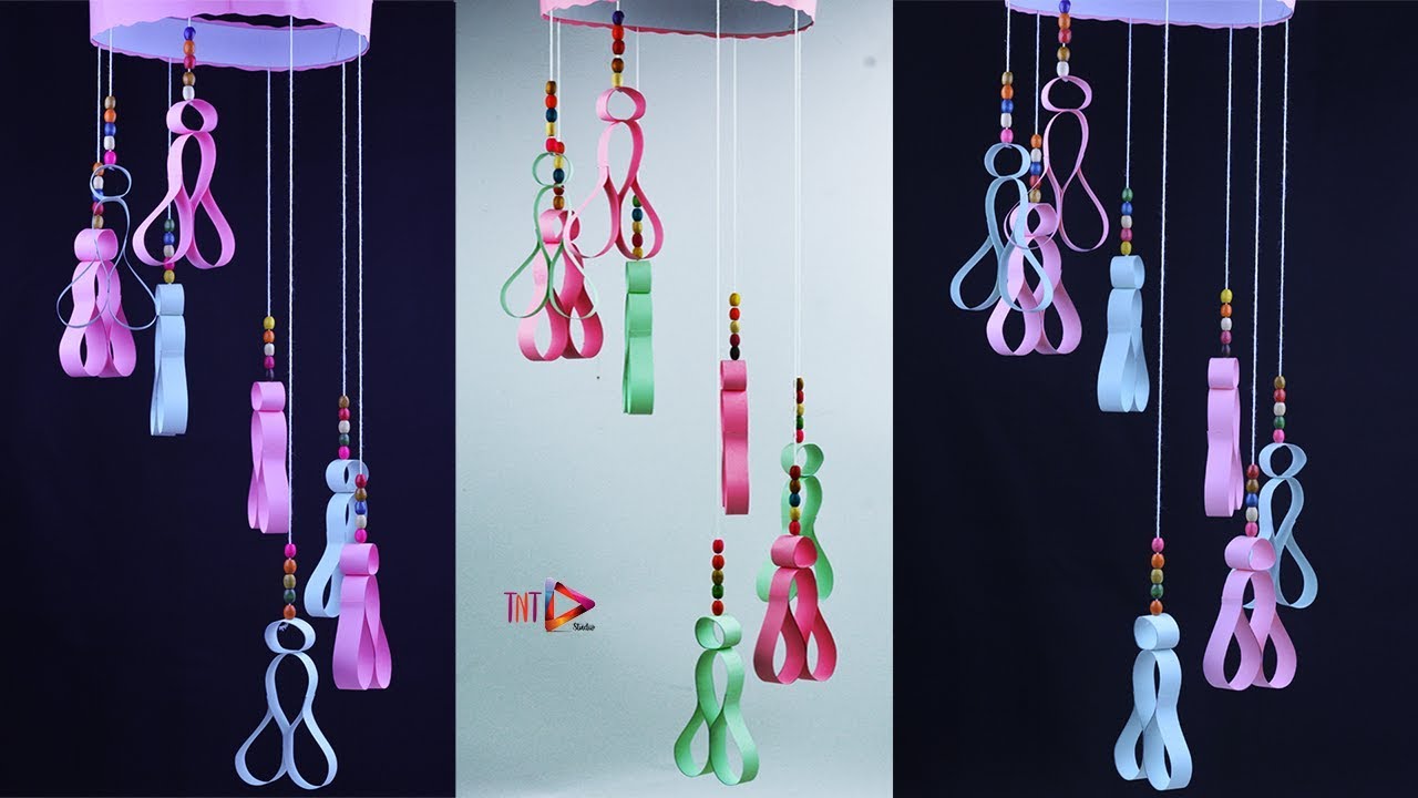 Diy Beautiful Wind Chime Out Of Paper Wooden Beaded Wall Hanging Ceiling Hanger Paper Craft Idea Youtube