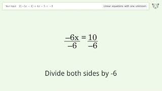 Linear equation with one unknown: Solve 2(-5x-4)+4x-5=-3 step-by-step solution