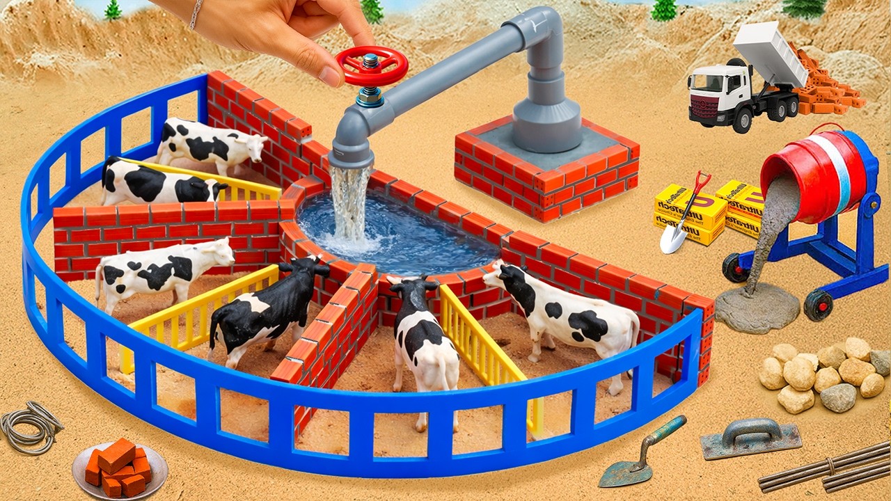 DIY Mini Tractor Builds a Multi-Compartment Semi-Circular Cow Barn with Automatic Water System