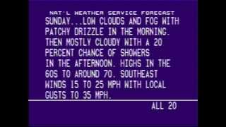 Los Angeles Weather
In October 1987, The Weather Channel experimented with narrating an in depth synopsis of every screen of the Local Forecast - and I do mean *every screen*. Im sure TWC realized quickly how distracting it was, so about a month after it first appeared, the narration disappeared.
The narration would re-appear in early 1988 in its more well know simpler fashion - and would stick around for six years.
This marks Dan Chandlers first set of narrations for Local Forecast. Los Angeles Weather