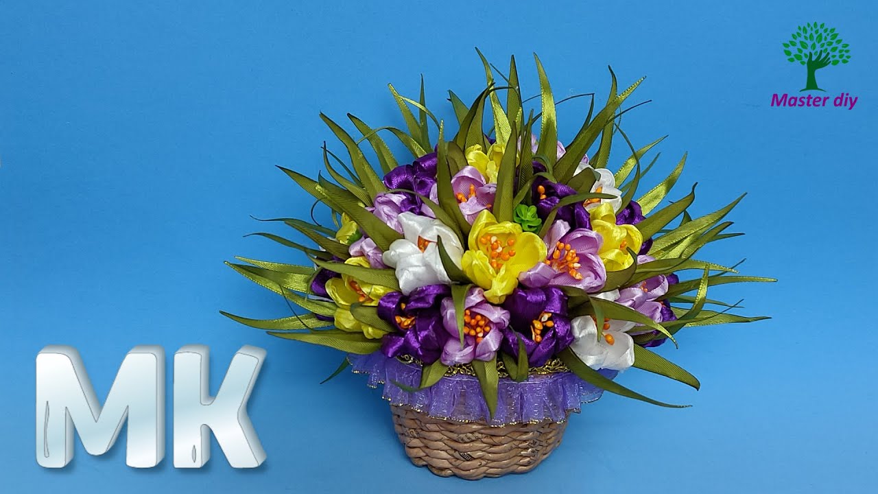 Цветы из лент Крокусы из атласной ленты своими руками Шкатулка с цветами\Master diy