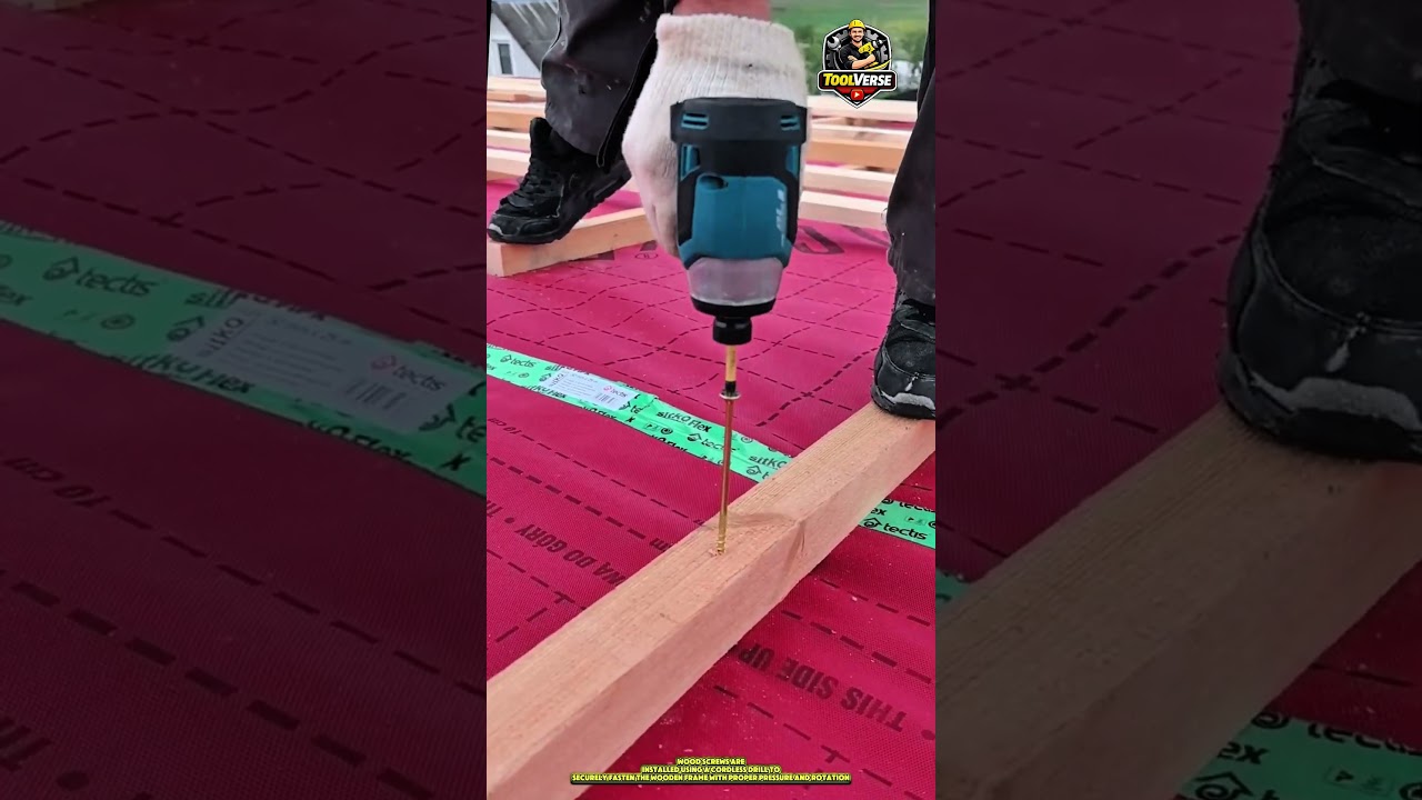 Installing Wood Screws Using a Cordless Drill on a Building Frame 