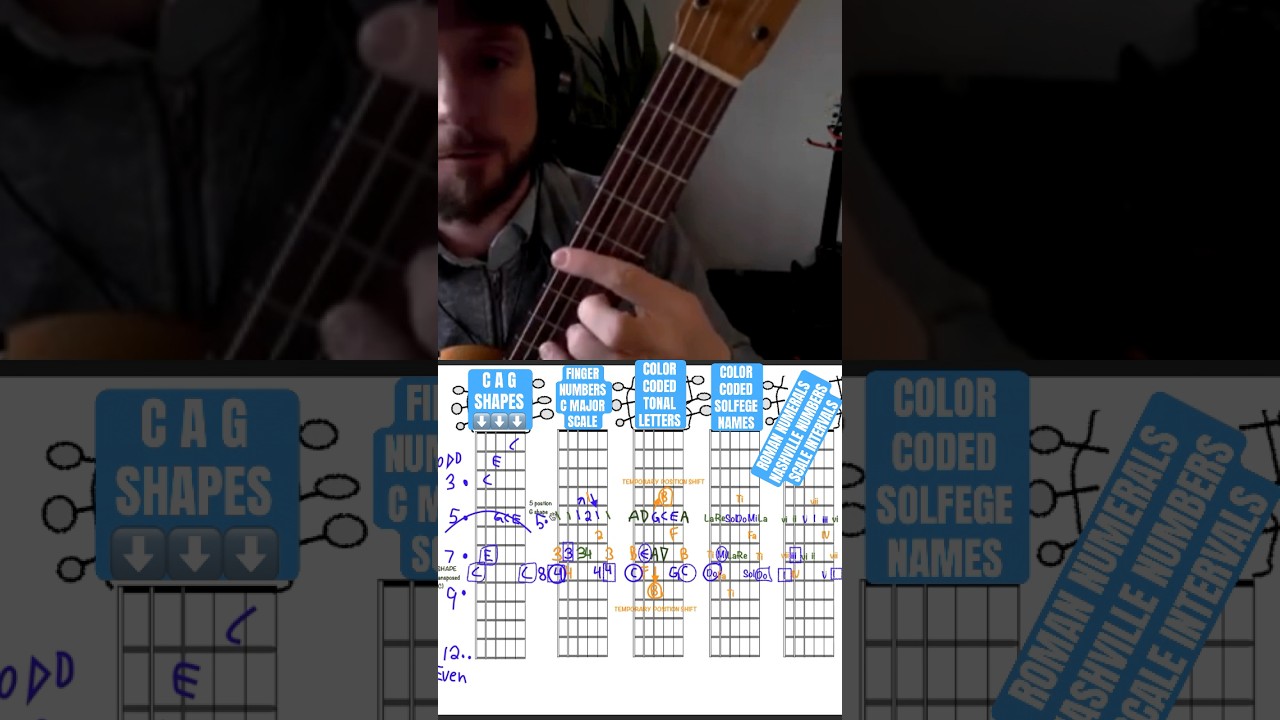 FRETBOARD CHARTS sing and play note naming systems! CAGED, LETTERS, FINGERS, SOLFEGE, INTERVALS