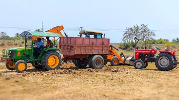 JCB 3DX Backhoe Loader Loading mud work by John deere tractor | tractor video | come to village |