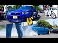 German vs. Japanese Cars Leaving a Car Meet GOES WILD!!! - Crazy R34 Skyline GTR sounds