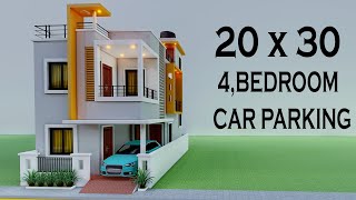 600 sqft 4 Bedroom Car Parking House Plan,20x30 Duplex Car Parking House Elevation,3D House Map