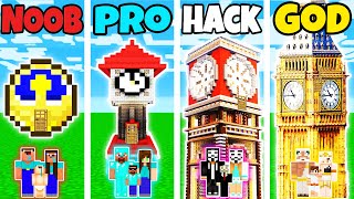 Minecraft: FAMILY CLOCK HOUSE BUILD CHALLENGE - NOOB vs PRO vs HACKER vs GOD in Minecraft
