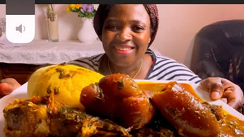 Asmr cow skin +mackerel fish vegetable soup with Fufu mukbang bang/eating show no talking