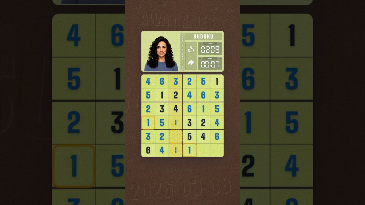 LinkedIn Mini Sudoku #209 solved board for March 8, 2026, 6x6 grid