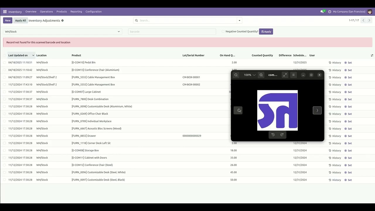Stock Adjustment Barcode/QRCode Scanner Odoo V18