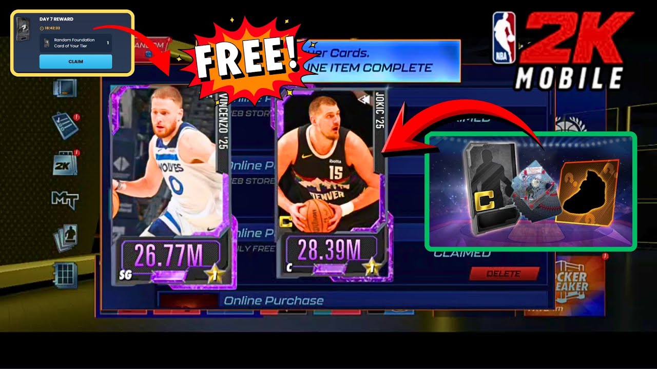 Получите 2 бесплатные карты Аркана в качестве финальной награды за ежедневную серию в NBA 2K Mobile.
