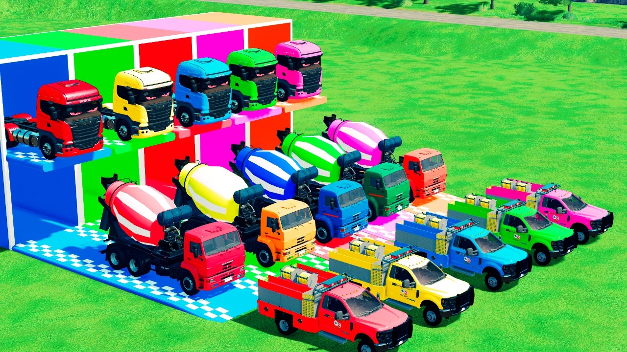 Garage with Colors - ALL MIXER TRUCK WITH DOUBLE FLATBED TRAILER TRUCK, MAN, SCANIA, LIZARD