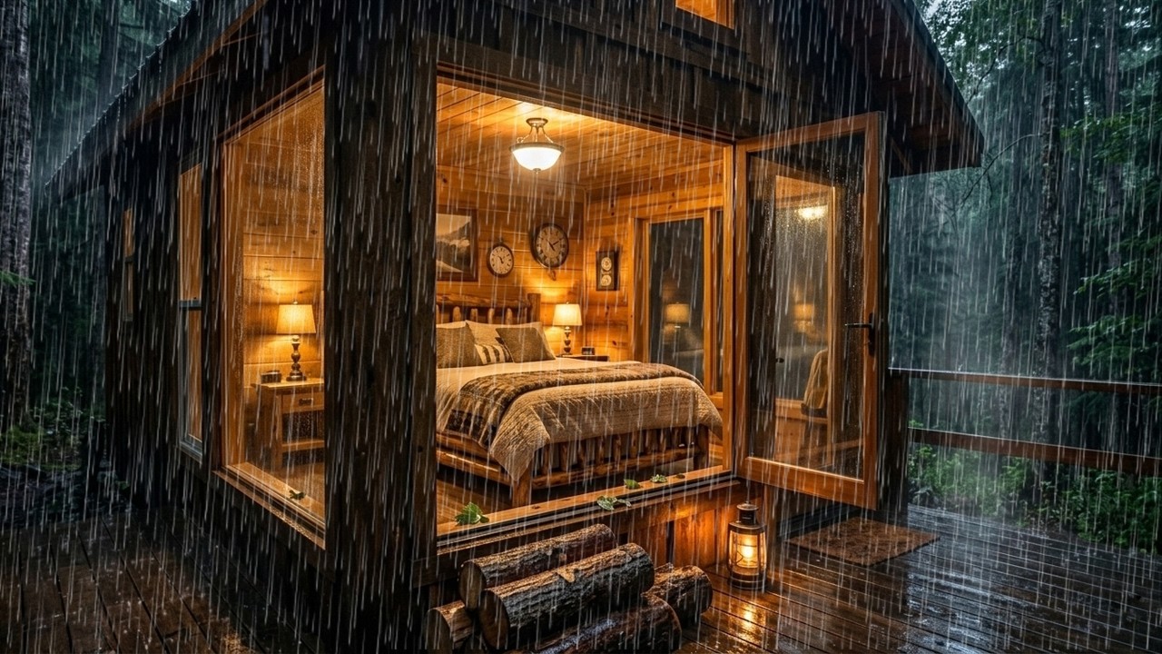 Rain on Cozy Cabin Bedroom at Night 🌧️ Relaxing Rain Sounds for Deep Sleep & Stress Relief