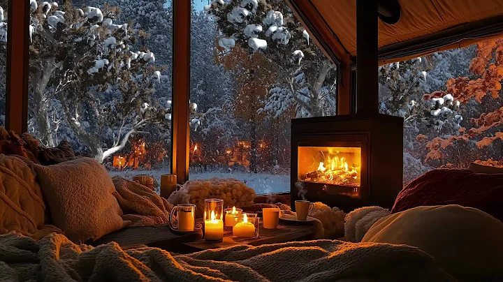 Relaxing Winter Snowfall with Soft Jazz Music on Cozy Cabin Ambience ⛄ Fireplace Sounds for Unwind