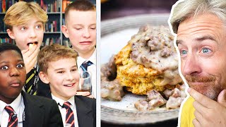 American reacts to British Highschoolers Try Biscuits and Gravy for the First Time | Joe Avella