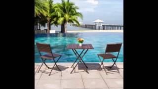 Sundale Outdoor 3PC Patio Wicker Folding Bistro Set - Table and 2 Chairs Set(BISTRO-5) Descriptions: Sitting on this three-piece chat set to catch some sun and good conversation in your lovely patio, garden. A charming
