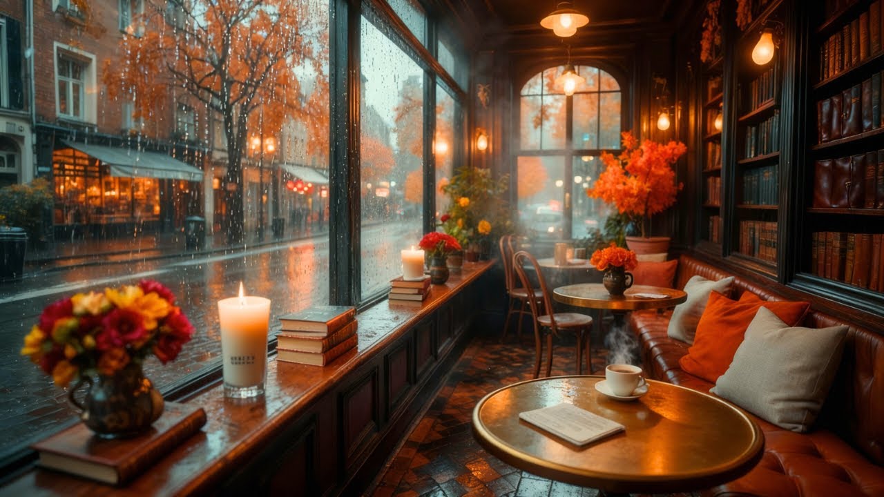Cozy Rainy Autumn Café 🌧️ Warm Night Jazz & Rain Ambience for Study ...