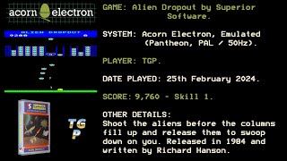 Alien Dropout - Superior Software - Acorn Electron - Emulated, Pantheon - 9,760 points.