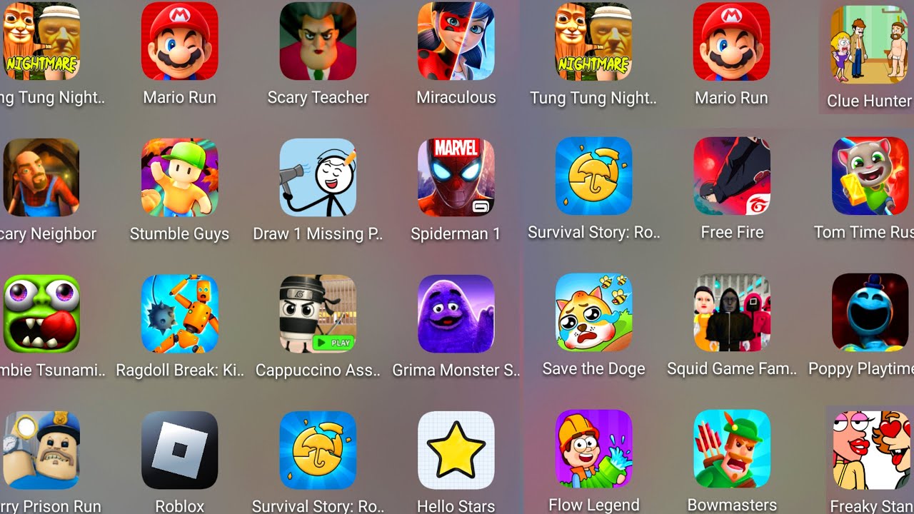 Roblox,Squid Game Family,Grimace Monster,Poppy Playtime 4,Evil Cappuccino Assassino,Stumble Guys....