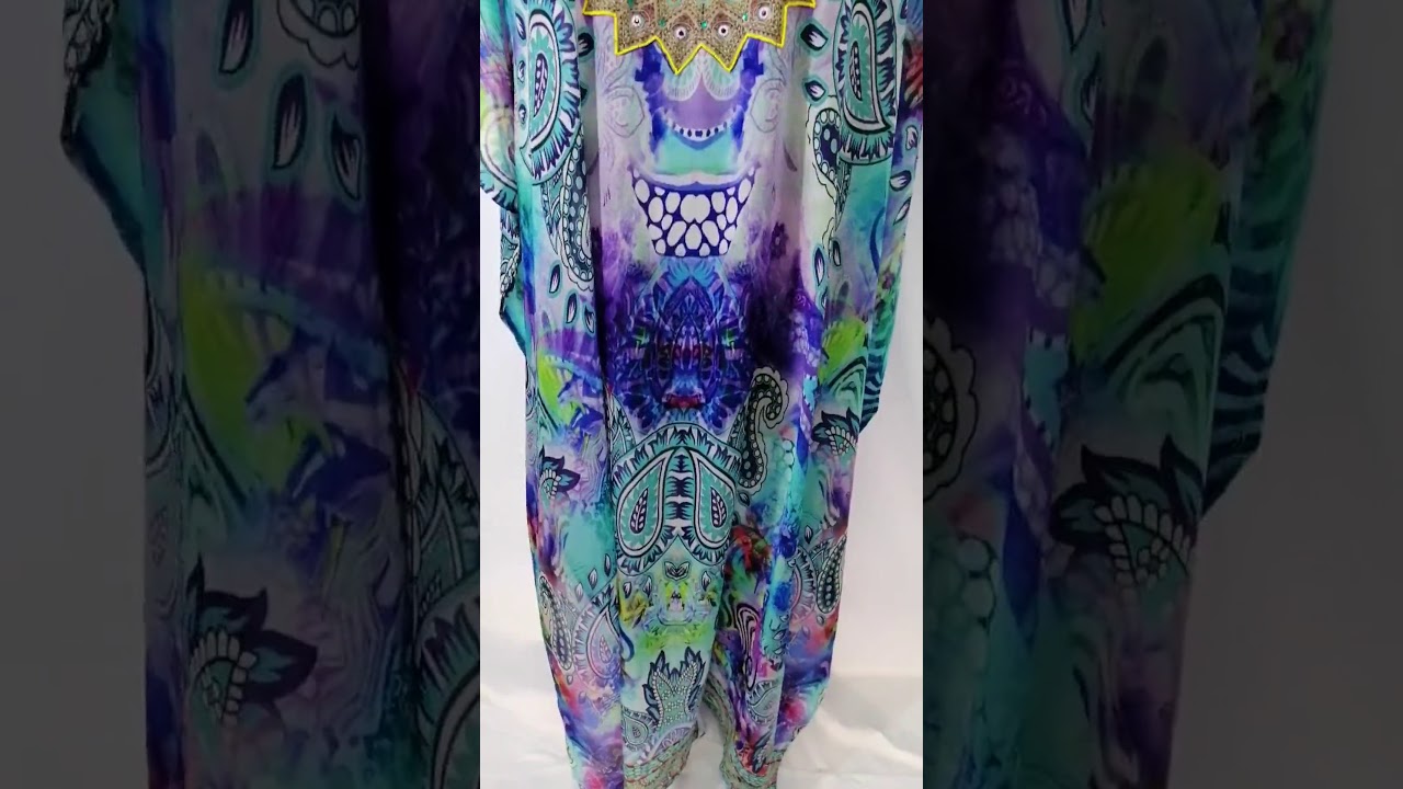 Vibrant Arabesque Print Silk Kaftan Dress with V-Neckline