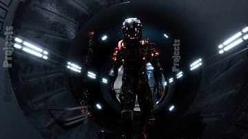 The astronaut passes through a futuristic sci-fi tunnel with sparks and smoke, the interior view.