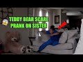 TEDDY BEAR SCARE PRANK ON SISTER (SHE ALMOST KILLED ME )