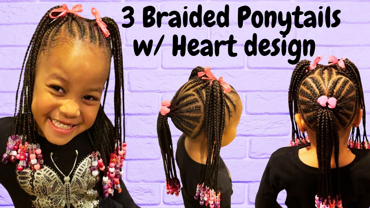 3 Braided Ponytails w/Heart Design 