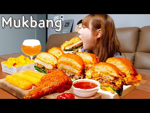 [モッパン料理 - ひとり飲み] チキン、ビーフエビバーガー、ベーコンポテトバーガー🍔チーズフライドポテト🍟ビール🍺 ASMR 韓国料理