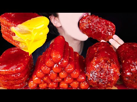 ASMR SPICY FRIED SAUSAGE CHEESE STICKS HASH BROWNS FIRE NOODLES COOKING MUKBANG 먹방 咀嚼音 EATING SOUNDS