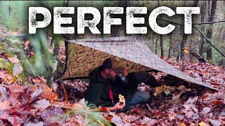Rainy Day Bushcraft Bliss 🌧️ Fried Camp Bread & Coffee with Poncho Shelter Setup Instructions!