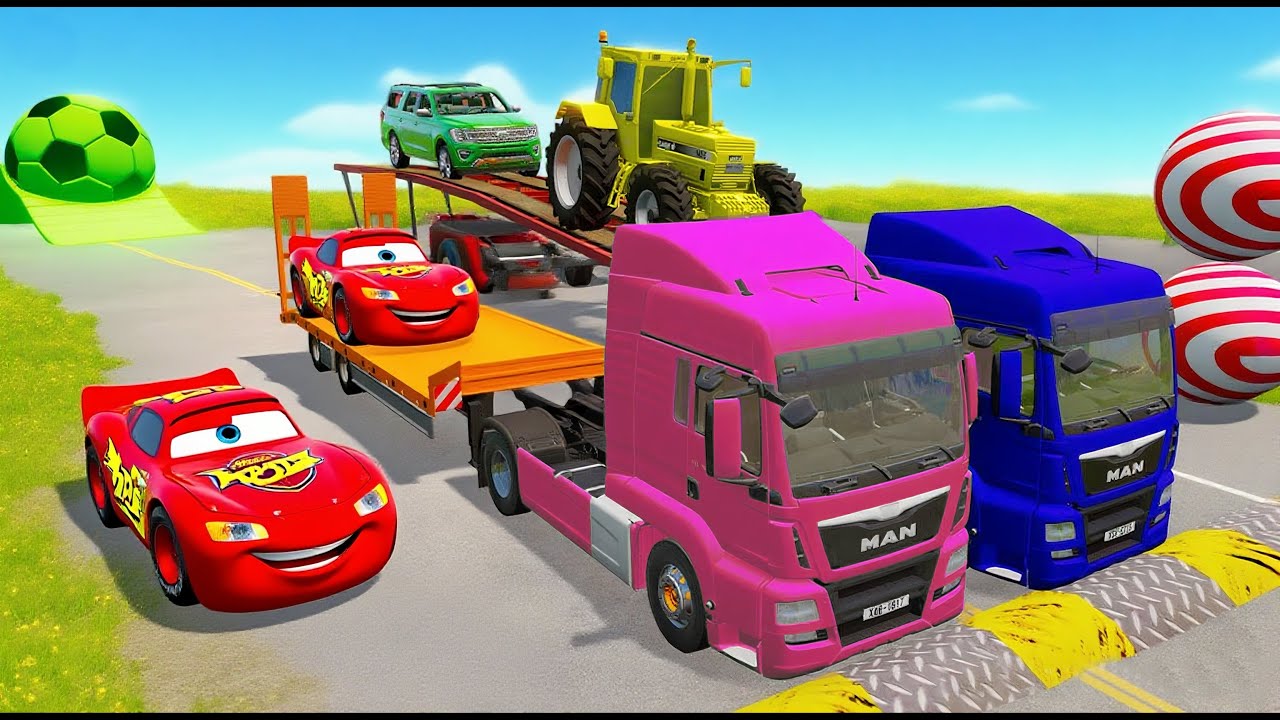 Double Flatbed Trailer Truck vs McQueen vs Speedbumps Train vs Cars Tractor vs Train Beamng.Drive