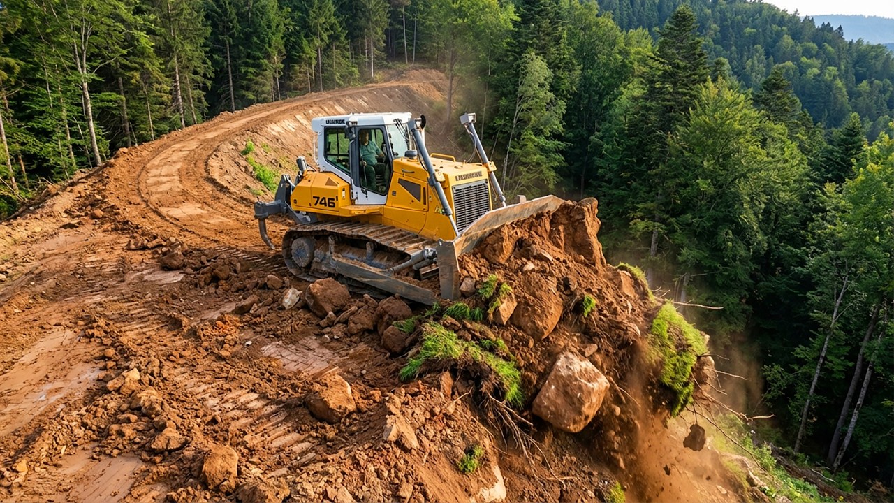Never Seen! Powerful Heavy Bulldozer Cutting Rock Soil On Steep Mountain Cliffside