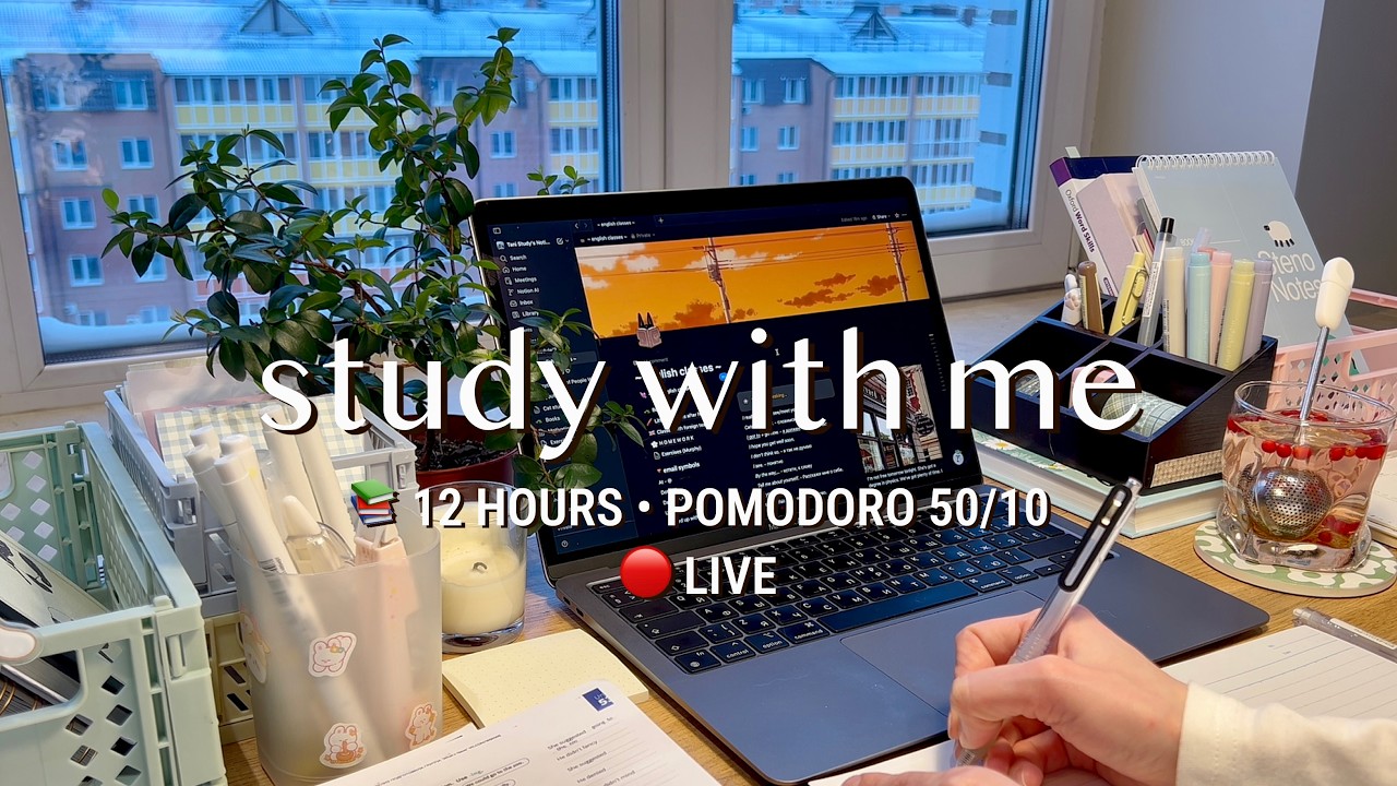 LIVE • 12 HR STUDY WITH ME | Pomodoro 50/10 📚 Deep Focus