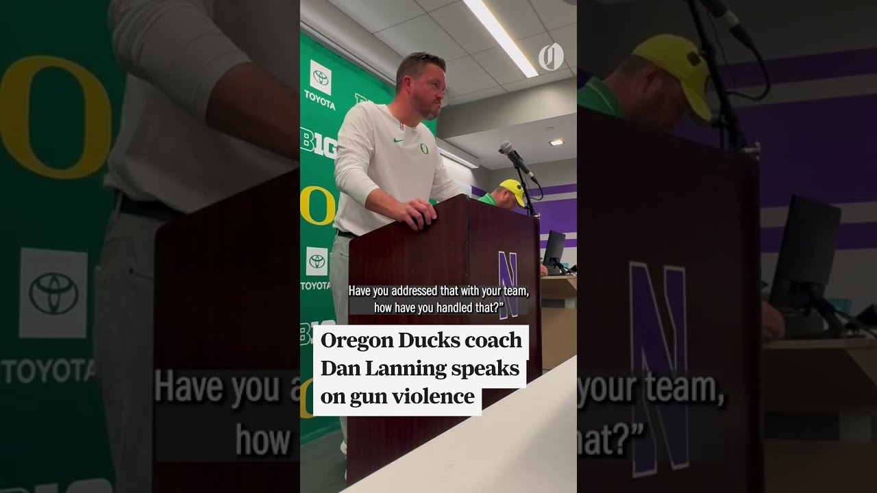 Oregon Ducks football coach Dan Lanning speaks on gun violence after Northwestern game